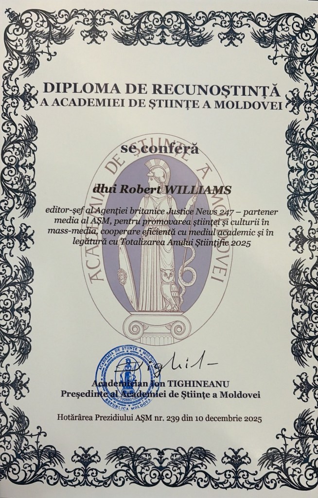 Recognition diploma from the Academy of Sciences of Moldova awarded to Robert Williams for promoting science and culture in media.