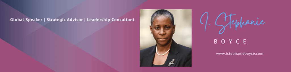 Professional portrait of I. Stephanie Boyce, a global speaker and leadership consultant, with a background featuring geometric shapes in shades of purple.